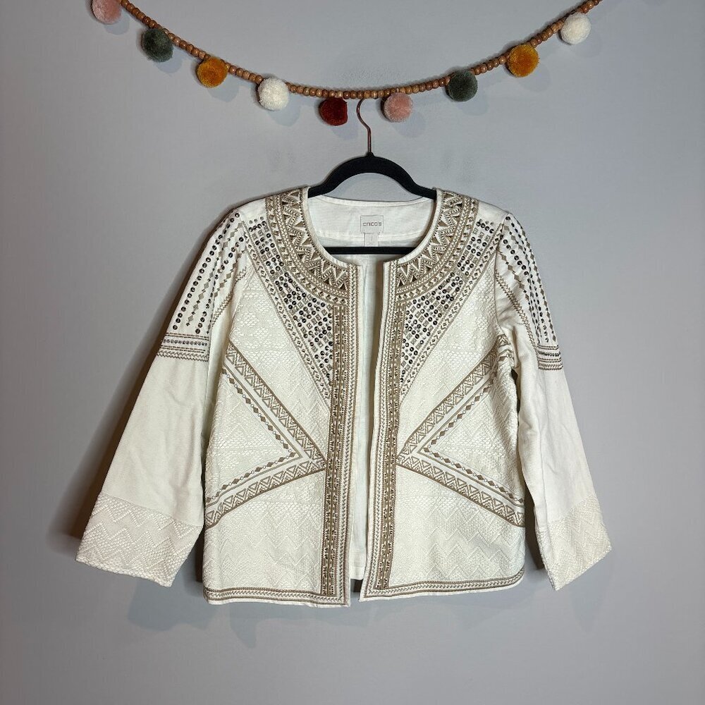Chico's white embellished open blazer jacket
